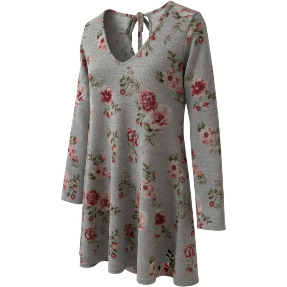 Alaya Floral Knit Mini Dress Gray Pink Rose Long Sleeve Tie Back Small 48944FR